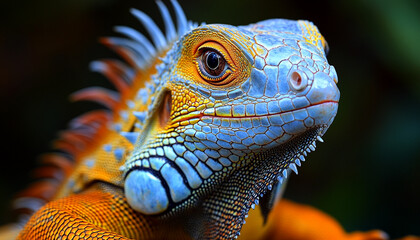 Fototapeta premium Microphotography Close-Up of a Basilisk Lizard's Head with Detailed Scales and Textures under Natural Lighting