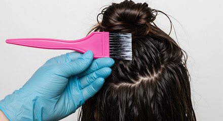 Applying Dye to Dark Hair with Pink Brush and Gloved Hand On a White Background for Beauty Treatment and Styling