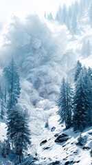 Obraz premium Snowy avalanche in forested mountain landscape.