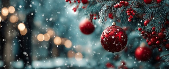 Snowy Winter Evening With Christmas Tree Ornaments in a Festive Atmosphere