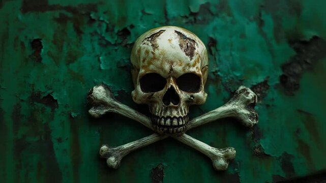 A weathered skull and crossbones symbol on a textured green background, evoking pirate themes and danger