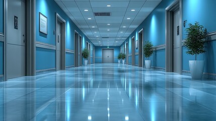 Modern and Bright Hallway with Glossy Floors and Green Plants