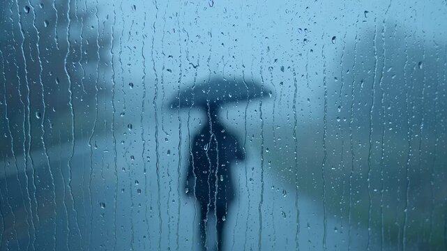 Silhouette with rain umbrella stands behind wet window, blurred drops trace path while rain umbrella shields quiet figure, city lights echo rain umbrella mood. concept reflective solitude