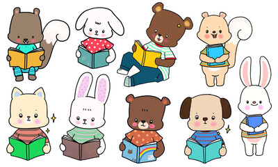 cute animal reading. illustration kid set . rabbit , bear , squirrel , dog and cat. cartoon character for kid's learning.