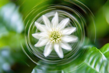 Enchanting White Flower with Circular Motion on Green Background