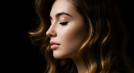 Fototapeta premium Beautiful Woman Profile with Shiny Hair and Closed Eyes in Dark Background Glowing Elegance