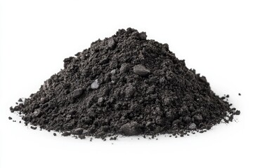 Black soil mound on white surface for eco-friendly product mockups or organic gardening visuals