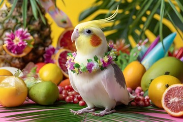 Tropical Cockatiel Parrot with Summer Fruits and Flowers