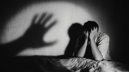 Shadows of Despair: A poignant image capturing the silent struggle of the human condition, a figure overwhelmed by fear as the long shadow of a hand looms.