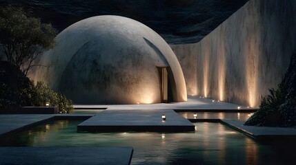 Modern Dome Architecture Night Scene with Reflecting Pools