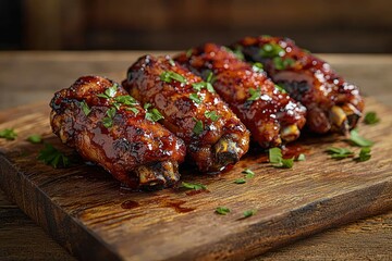 Glazed ribs, parsley garnish on wooden board