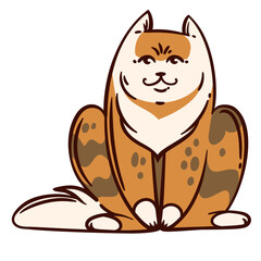 Color doodle cat sits happily with playful expression. Vector illustration of ginger pet with friendly feline face