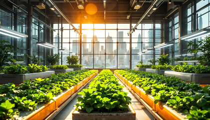 Urban Hydroponic Greenhouse at Sunset with Modern City Skyline