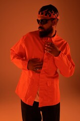 Handsome man embraces summer aesthetics in bold fashion statement under warm golden light