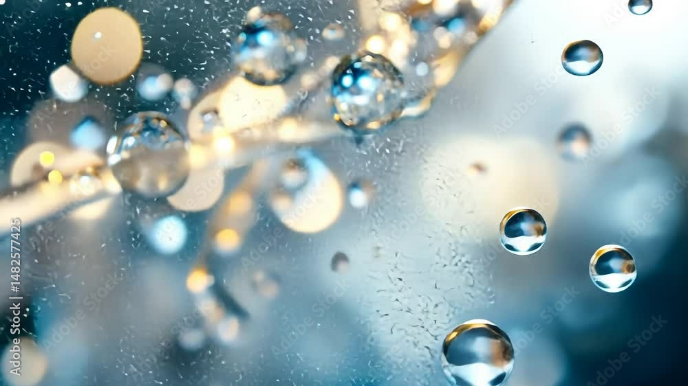 Poster dynamic water droplets suspended in motion with bokeh light effects.
