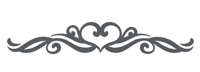 Elegant divider with central heart shape and ornamental swirls in black outline style. Symmetrical romantic motif for wedding design, cards, or invitations. Vector illustration.