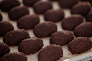 Closeup of freshly baked chocolate potato cookies on tray in bakery factory