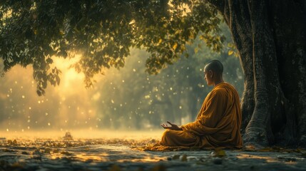 A monk meditating in a lotus position under a Bodhi tree during Buddhaâ€™s birthday.