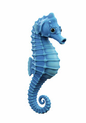 A single blue seahorse figurine with a curled tail isolated on a bright white background studio shot