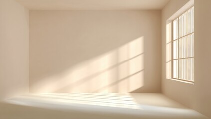 Fototapeta premium Sunlight streams through a large window into an empty, minimalist room with soft shadows and clean white walls.