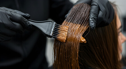Close Up Hair Dye Application Process with Black Gloves and Brown Dye in a Salon Setting
