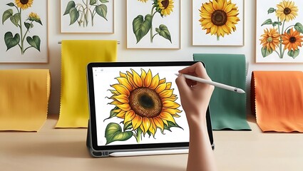 Digital Tablet Displaying Drawing Tutorial with Stylus in Hand, Surrounded by Art Prints and Colorful Swatches on a Soft Background
