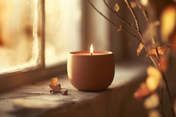 Rustic handmade candle with earthy tones of clay and terracotta on weathered stone surface with autumn leaves and dry twigs