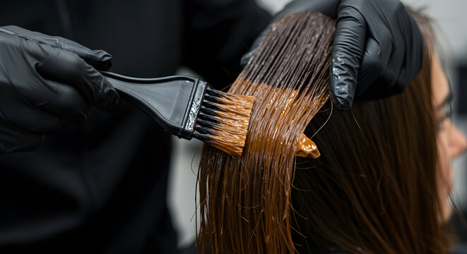 Close Up Hair Dye Application Process with Black Gloves and Brown Dye in a Salon Setting