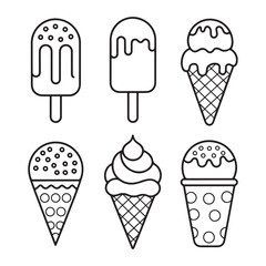 Fun and creative coloring page of ice cream treats in a hand-drawn style, featuring popsicles and cones