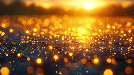Fototapeta premium Golden Bokeh Lights glow on textured dark surface at dusk