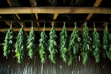 Freshly Harvested Green Cannabis Hanging to Dry Indoors