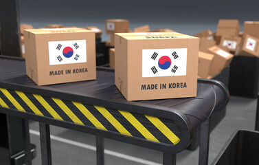 Made in Korea products on conveyor belt. 3D illustration