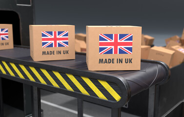 Made in UK products on conveyor system. 3D illustration