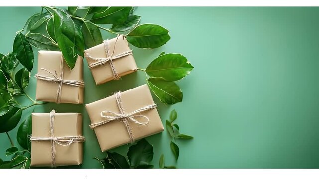 Four Brown Wrapped Gifts With White String Green Leaves Against Light Green Background