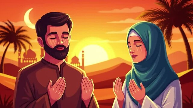 Muslim Couple Praying at Sunset Animated Video