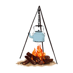 Vintage blue kettle, old teapot, hand drawn on transparent background.