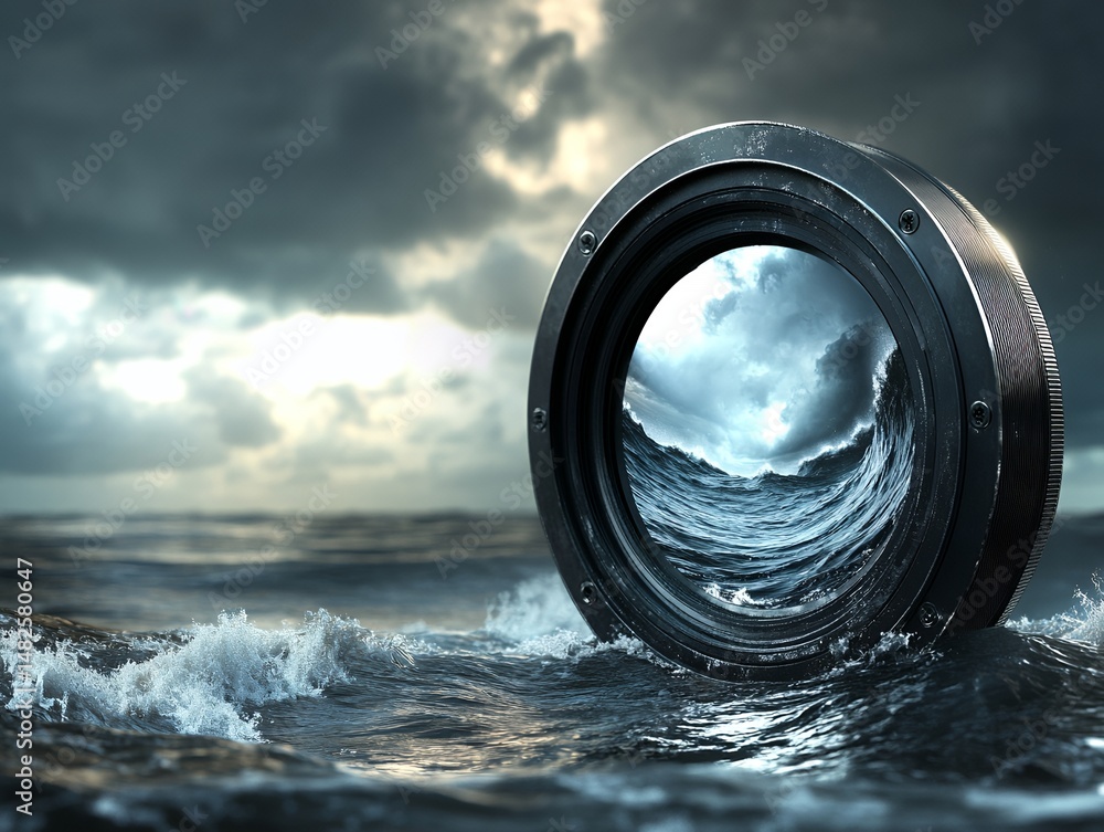 Poster mysterious reflections of nature and sky inside a tire in a dramatic and ethereal setting with cloud