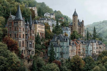 A cloudy daytime view of the hillside's densely populated historic homes. Generative Ai