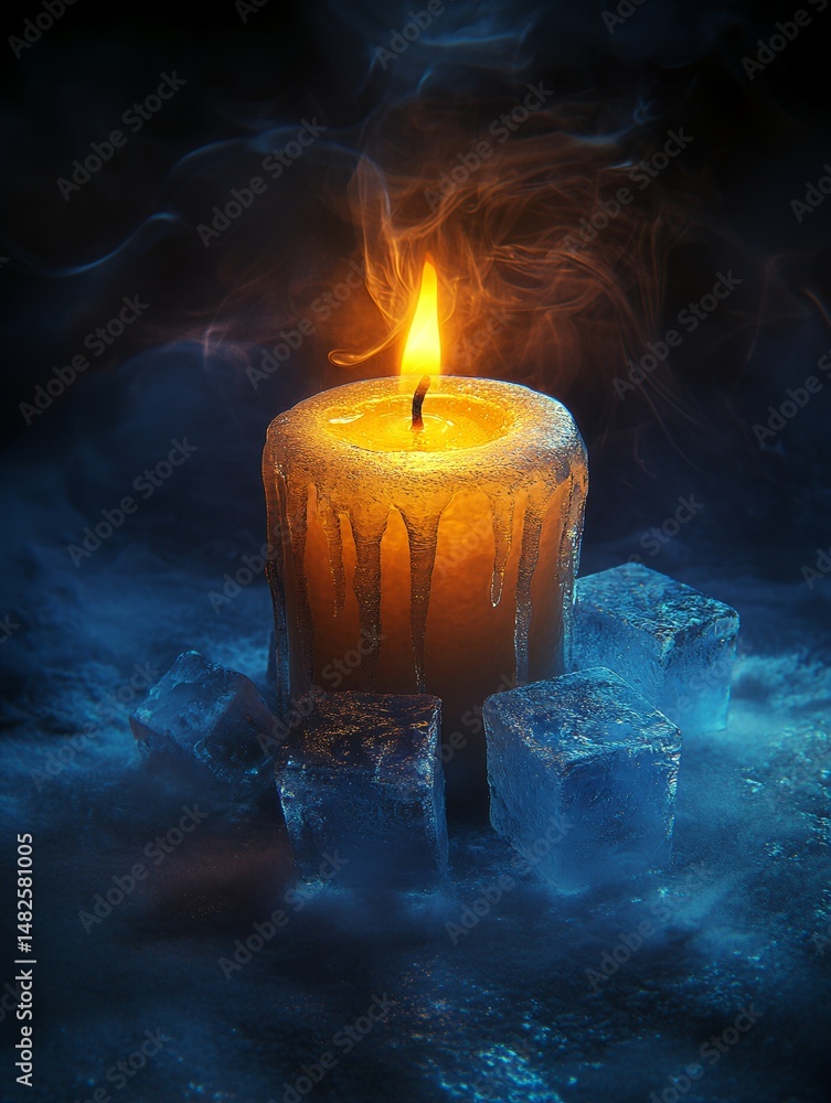 Poster illuminating candle on blue background evoking calm and serenity in a dimly lit setting with soft sh
