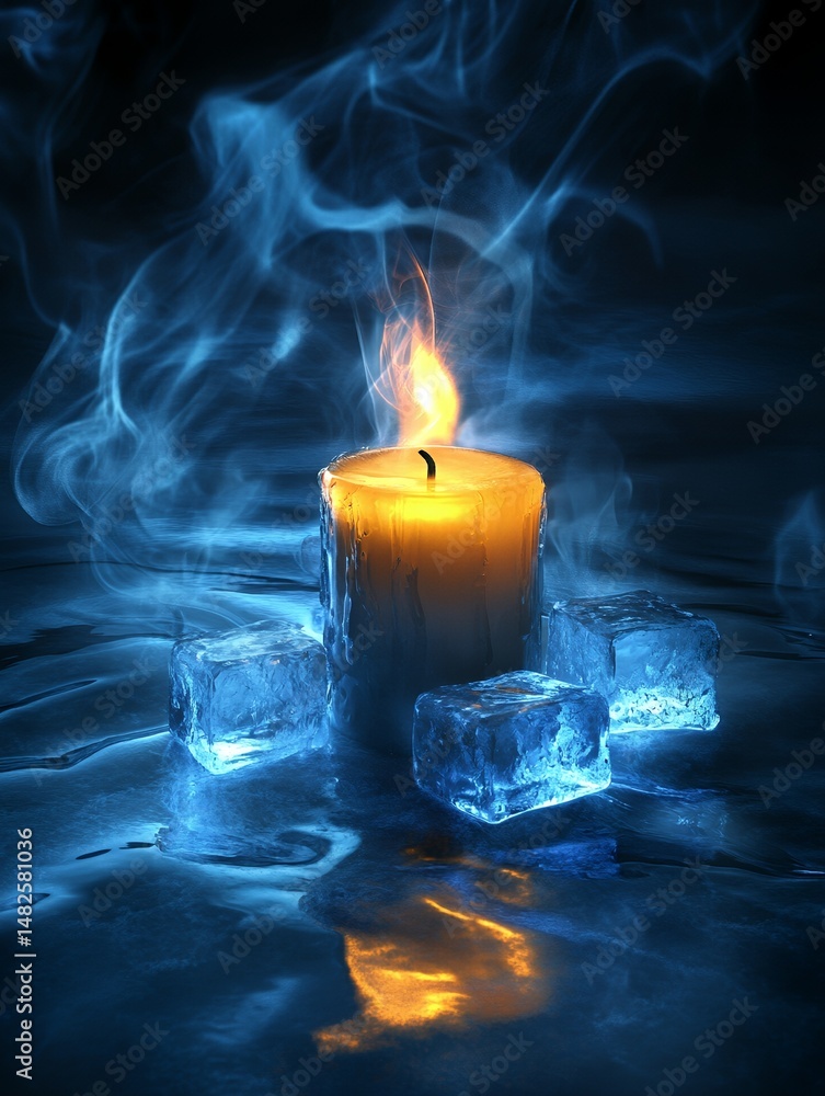 Poster illuminated candle set against dark background with blue light effects creating a tranquil atmospher