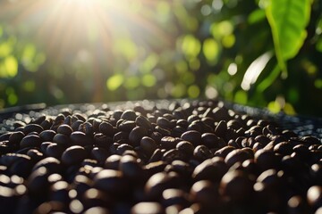 Obraz premium Glimmering Coffee Beans Under Soft Natural Light in a Greenery Setting