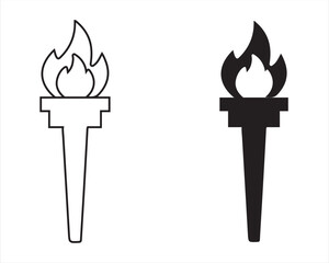 Torch Icon. Black and White Silhouettes of Olympic Torch with Flame