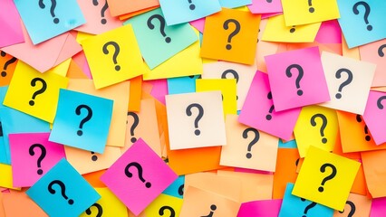 Multicolored question mark stickers create a vibrant and dynamic background. The paper sheets are layered to create a playful and creative composition.