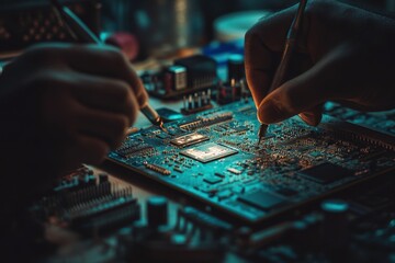 Fototapeta premium Hands Repairing Circuit Board with Tools in Dimly Lit Environment