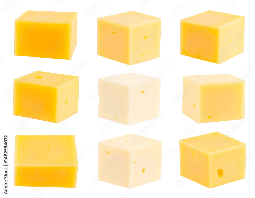 Poster set of cheese cubes rotating on transparent background