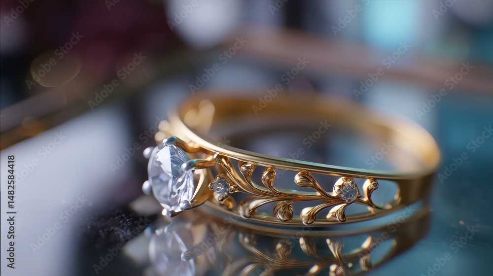 Poster golden ring with intricate leaf design and central gemstone displayed elegantly on reflective surfac