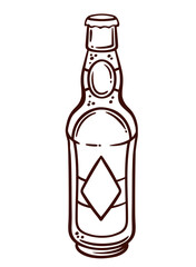 Glass bottle of beer line icon. Outline hand drawn sketch of package with cap and label for drunk beer party in bar or pub. Oktoberfest, brewery mascot, glassware icon vector illustration