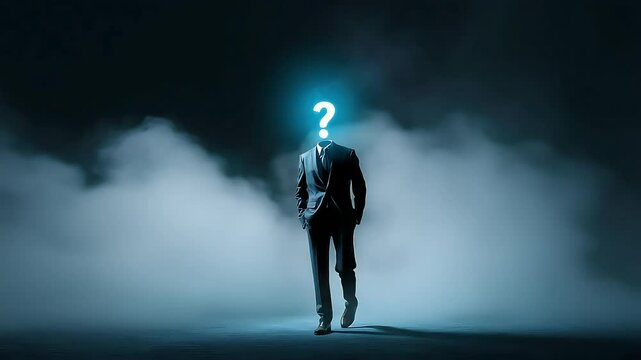 Unknown Person In Suit With Glowing Question Mark Head In Dark Foggy Night