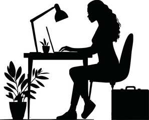 Vector silhouette of an office worker juggling tasks at a desk, multitasking with computer, papers, coffee cup, minimal busy workday concept in black and white