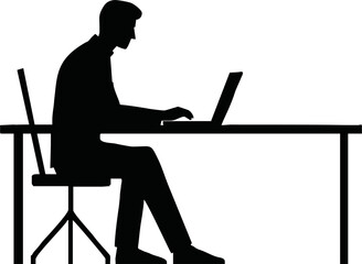 Vector silhouette of an office worker juggling tasks at a desk, multitasking with computer, papers, coffee cup, minimal busy workday concept in black and white